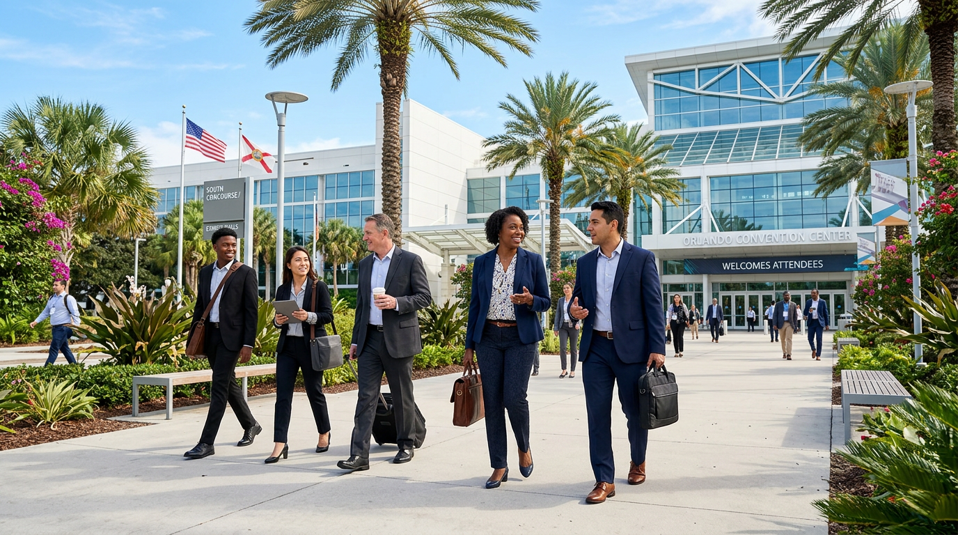Business professionals arriving at a Central Florida convention center