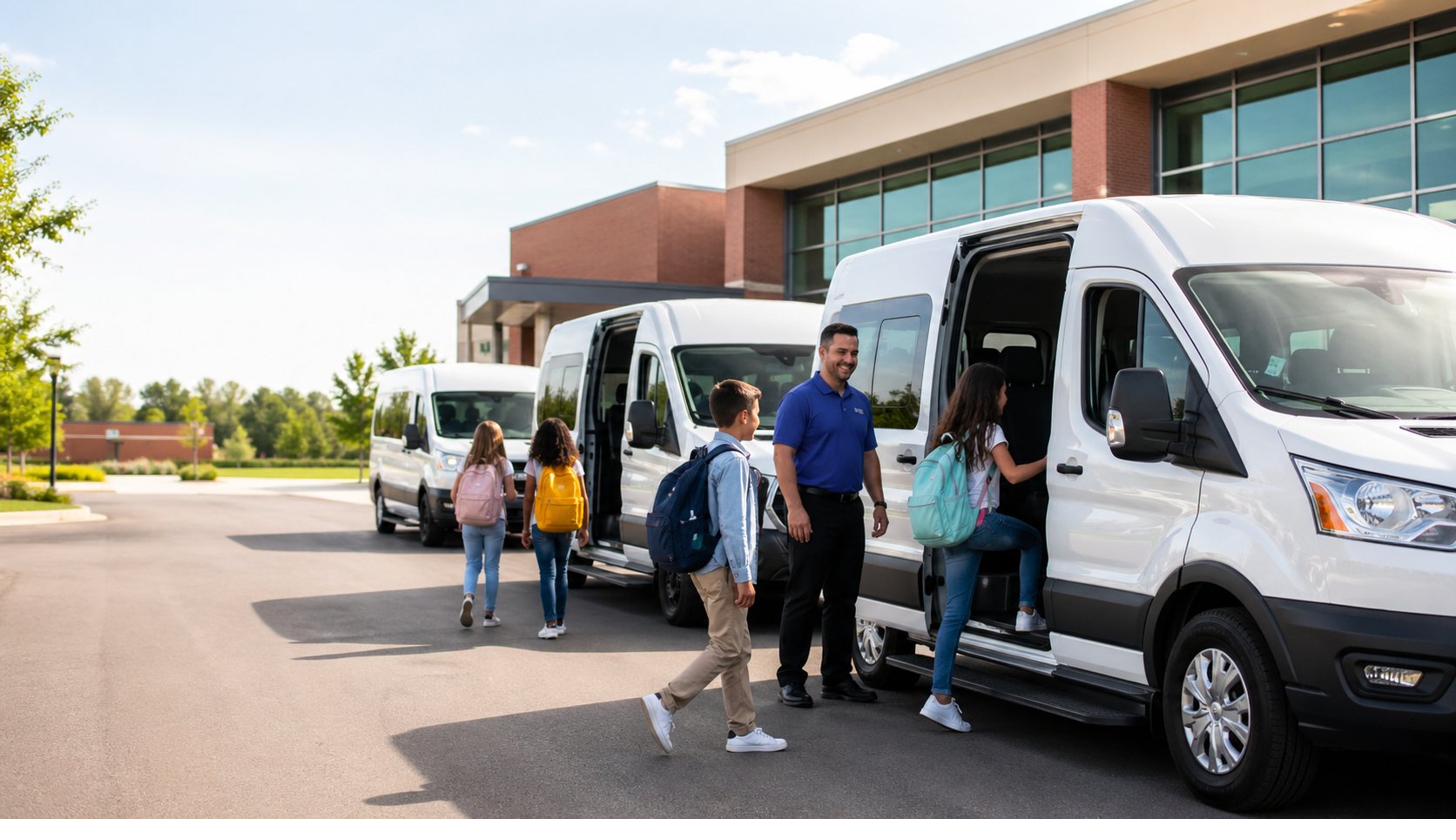 A child safely boarding a passenger van with an adult’s help